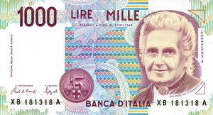 obverse: CARTAMONETA - BANCA d ITALIA - Repubblica Italiana (monetazione in lire) (1946-2001) - 1.000 Lire - Montessori 12/11/1993 Alfa 735sp; Lireuro 64Ba R  Sostitutiva XB. FDS