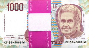 obverse: CARTAMONETA - BANCA d ITALIA - Repubblica Italiana (monetazione in lire) (1946-2001) - 1.000 Lire - Montessori 26/11/1996 Alfa 739; Lireuro 58F   Fazio/Amici Mazzetta da 100 pezzi. FDS