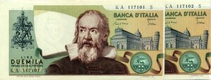 obverse: CARTAMONETA - BANCA d ITALIA - Repubblica Italiana (monetazione in lire) (1946-2001) - 2.000 Lire - Galilei 24/10/1983 Alfa 742; Lireuro 59C   Ciampi/Stevani Lotto di 2 biglietti consecutivi con taglio spostato a s.. qFDS÷FDS