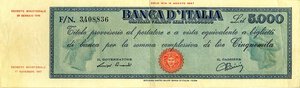 obverse: CARTAMONETA - BANCA d ITALIA - Repubblica Italiana (monetazione in lire) (1946-2001) - 5.000 Lire - Provvisorio (medusa) 28/01/1948 Alfa 763; Lireuro 63D R  Einaudi/Urbini taglietto in alto. qBB