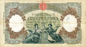 obverse: CARTAMONETA - BANCA d ITALIA - Repubblica Italiana (monetazione in lire) (1946-2001) - 5.000 Lire - Rep. Marinare (medusa) 13/08/1956 Alfa 790; Lireuro 65L   Menichella/Boggione. meglio di MB