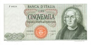 obverse: CARTAMONETA - BANCA d ITALIA - Repubblica Italiana (monetazione in lire) (1946-2001) - 5.000 Lire - Colombo 1° tipo 03/09/1964 Alfa 795; Lireuro 66A   Carli/Ripa. qFDS