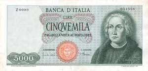 obverse: CARTAMONETA - BANCA d ITALIA - Repubblica Italiana (monetazione in lire) (1946-2001) - 5.000 Lire - Colombo 1° tipo 04/01/1968 Alfa 797; Lireuro 66B1   Carli/Pacini, carta verdina. BB+