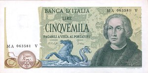 obverse: CARTAMONETA - BANCA d ITALIA - Repubblica Italiana (monetazione in lire) (1946-2001) - 5.000 Lire - Colombo 2° tipo 10/11/1977 Alfa 803; Lireuro 67C R  Baffi/Stevani. qFDS