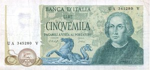 obverse: CARTAMONETA - BANCA d ITALIA - Repubblica Italiana (monetazione in lire) (1946-2001) - 5.000 Lire - Colombo 2° tipo 10/11/1977 Alfa 803; Lireuro 67C R  Baffi/Stevani Privo di passaggi di colore. qBB