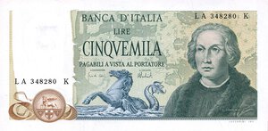 obverse: CARTAMONETA - BANCA d ITALIA - Repubblica Italiana (monetazione in lire) (1946-2001) - 5.000 Lire - Colombo 2° tipo 11/04/1973 Alfa 802; Lireuro 67B   Carli/Barbarito. qFDS