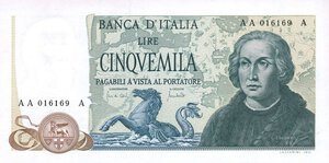 obverse: CARTAMONETA - BANCA d ITALIA - Repubblica Italiana (monetazione in lire) (1946-2001) - 5.000 Lire - Colombo 2° tipo 20/05/1971 Alfa 801; Lireuro 67A   Carli/Lombardo. FDS