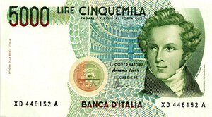 obverse: CARTAMONETA - BANCA d ITALIA - Repubblica Italiana (monetazione in lire) (1946-2001) - 5.000 Lire - Bellini 25/07/2001 Alfa 813sp; Lireuro 69Da R  Sostitutiva XD. FDS