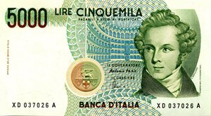 obverse: CARTAMONETA - BANCA d ITALIA - Repubblica Italiana (monetazione in lire) (1946-2001) - 5.000 Lire - Bellini 25/07/2001 Alfa 813sp; Lireuro 69Da R  Sostitutiva XD. FDS