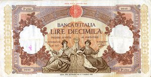 obverse: CARTAMONETA - BANCA d ITALIA - Repubblica Italiana (monetazione in lire) (1946-2001) - 10.000 Lire - Rep. Marinare 23/03/1961 Alfa 842; Lireuro 73R   Carli/Ripa. meglio di MB