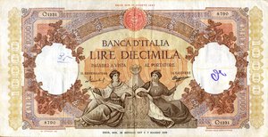 obverse: CARTAMONETA - BANCA d ITALIA - Repubblica Italiana (monetazione in lire) (1946-2001) - 10.000 Lire - Rep. Marinare 26/01/1957 Alfa 835; Lireuro 73K   Menichella/Boggione Scritte. qBB