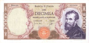 obverse: CARTAMONETA - BANCA d ITALIA - Repubblica Italiana (monetazione in lire) (1946-2001) - 10.000 Lire - Michelangelo 03/07/1962 Alfa 850; Lireuro 74 A   Carli/Ripa. SPL