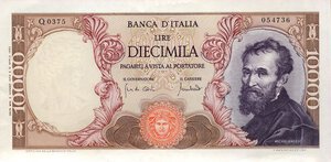 obverse: CARTAMONETA - BANCA d ITALIA - Repubblica Italiana (monetazione in lire) (1946-2001) - 10.000 Lire - Michelangelo 08/06/1970 Alfa 855; Lireuro 74 F   Carli/Lombardo. SPL+