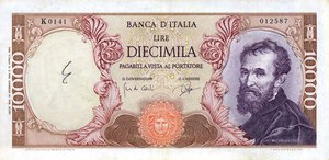 obverse: CARTAMONETA - BANCA d ITALIA - Repubblica Italiana (monetazione in lire) (1946-2001) - 10.000 Lire - Michelangelo 14/01/1964 Alfa 851; Lireuro 74 B R  Carli/Ripa Scritta. BB+