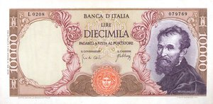 obverse: CARTAMONETA - BANCA d ITALIA - Repubblica Italiana (monetazione in lire) (1946-2001) - 10.000 Lire - Michelangelo 20/05/1966 Alfa 853; Lireuro 74 D   Carli/Febbraio. qSPL