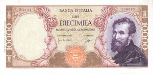 obverse: CARTAMONETA - BANCA d ITALIA - Repubblica Italiana (monetazione in lire) (1946-2001) - 10.000 Lire - Michelangelo 27/07/1964 Alfa 852; Lireuro 74 C R  Carli/Ripa. SPL