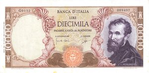 obverse: CARTAMONETA - BANCA d ITALIA - Repubblica Italiana (monetazione in lire) (1946-2001) - 10.000 Lire - Michelangelo 27/07/1964 Alfa 852; Lireuro 74 C R  Carli/Ripa Due forellini da spillo laterali e macchiolina. BB+