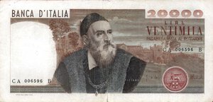 obverse: CARTAMONETA - BANCA d ITALIA - Repubblica Italiana (monetazione in lire) (1946-2001) - 20.000 Lire - Tiziano 21/02/1975 Alfa 880; Lireuro 77A R  Carli/Barbarito. qBB