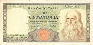 obverse: CARTAMONETA - BANCA d ITALIA - Repubblica Italiana (monetazione in lire) (1946-2001) - 50.000 Lire - Leonardo 19/07/1970 Alfa 891; Lireuro 78B R  Carli/Lombardo Pressato. bel BB