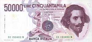 obverse: CARTAMONETA - BANCA d ITALIA - Repubblica Italiana (monetazione in lire) (1946-2001) - 50.000 Lire - Bernini 1° tipo 01/12/1986 Alfa 903; Lireuro 80C   Ciampi/Stevani Numeri verdi. SPL