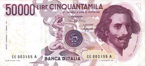 obverse: CARTAMONETA - BANCA d ITALIA - Repubblica Italiana (monetazione in lire) (1946-2001) - 50.000 Lire - Bernini 1° tipo 06/03/1992 Alfa 905; Lireuro 80E RRR  Ciampi/Speziali. qSPL