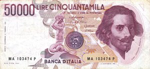 obverse: CARTAMONETA - BANCA d ITALIA - Repubblica Italiana (monetazione in lire) (1946-2001) - 50.000 Lire - Bernini 1° tipo 15/03/1984 Alfa 901; Lireuro 80A   Ciampi/Stevani Extra passaggio di colore al D/. qBB