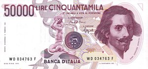 obverse: CARTAMONETA - BANCA d ITALIA - Repubblica Italiana (monetazione in lire) (1946-2001) - 50.000 Lire - Bernini 1° tipo 25/01/1990 Alfa 904; Lireuro 80D   Ciampi/Speziali. qFDS