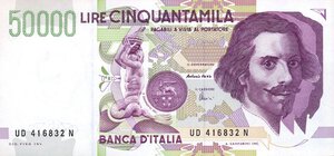 obverse: CARTAMONETA - BANCA d ITALIA - Repubblica Italiana (monetazione in lire) (1946-2001) - 50.000 Lire - Bernini 2° tipo 20/02/1997 Alfa 909; Lireuro 81D   Fazio/Amici. FDS