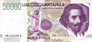 obverse: CARTAMONETA - BANCA d ITALIA - Repubblica Italiana (monetazione in lire) (1946-2001) - 50.000 Lire - Bernini 2° tipo 21/12/1999 Alfa 909sp; Lireuro 81Da R  Sostitutiva XD. qFDS