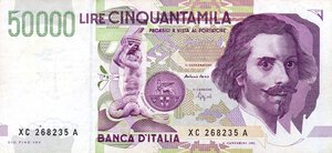 obverse: CARTAMONETA - BANCA d ITALIA - Repubblica Italiana (monetazione in lire) (1946-2001) - 50.000 Lire - Bernini 2° tipo 23/06/1998 Alfa 908sp; Lireuro 81Ca R  Sostitutiva XC. BB