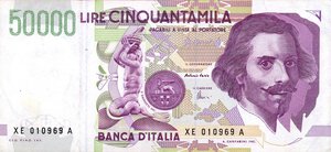 obverse: CARTAMONETA - BANCA d ITALIA - Repubblica Italiana (monetazione in lire) (1946-2001) - 50.000 Lire - Bernini 2° tipo 25/07/2001 Alfa 909Asp; Lireuro 81Ea R  Sostitutiva XE. SPL