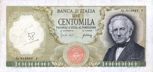 obverse: CARTAMONETA - BANCA d ITALIA - Repubblica Italiana (monetazione in lire) (1946-2001) - 100.000 Lire - Manzoni 03/07/1967 Alfa 910; Lireuro 82A RR  Carli/Febbraio Scritte a biro. qBB