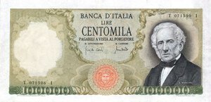 obverse: CARTAMONETA - BANCA d ITALIA - Repubblica Italiana (monetazione in lire) (1946-2001) - 100.000 Lire - Manzoni 19/07/1970 Alfa 912; Lireuro 82B2 RR  Carli/Lombardo, con fibrille Pressato. BB-SPL