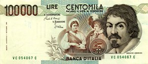 obverse: CARTAMONETA - BANCA d ITALIA - Repubblica Italiana (monetazione in lire) (1946-2001) - 100.000 Lire - Caravaggio 1° tipo 01/12/1986 Alfa 927; Lireuro 84C   Ciampi/Stevani Numeri verdi. qFDS