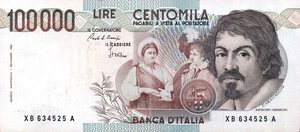 obverse: CARTAMONETA - BANCA d ITALIA - Repubblica Italiana (monetazione in lire) (1946-2001) - 100.000 Lire - Caravaggio 1° tipo 03/08/1988 Alfa 926sp; Lireuro 84Ba RRR  Sostitutiva XB. SPL