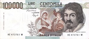 obverse: CARTAMONETA - BANCA d ITALIA - Repubblica Italiana (monetazione in lire) (1946-2001) - 100.000 Lire - Caravaggio 1° tipo 06/03/1992 Alfa 929; Lireuro 84E   Ciampi/Speziali. SPL