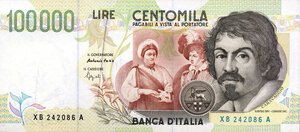 obverse: CARTAMONETA - BANCA d ITALIA - Repubblica Italiana (monetazione in lire) (1946-2001) - 100.000 Lire - Caravaggio 2° tipo 04/02/1997 Alfa 932sp; Lireuro 85Ba RR  Sostitutiva XB. bello SPL