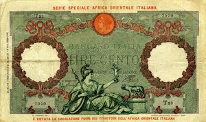 obverse: CARTAMONETA - COLONIE ED OCCUPAZIONI DI TERRITORI ITALIANI - Africa Orientale Italiana Banca d Italia - 100 Lire 14/01/1939 Gav. 88 R  Azzolini/Urbini. meglio di MB