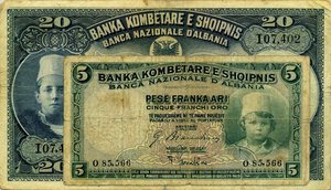 obverse: CARTAMONETA - COLONIE ED OCCUPAZIONI DI TERRITORI ITALIANI - Banca Nazionale d Albania - Protettorato (1926) - 20 Franchi Oro 1926 Gav. 98   Alberti/Gambino Assieme a 5 fr. (MB)- Lotto di 2 biglietti. MB÷qBB