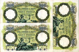 obverse: CARTAMONETA - COLONIE ED OCCUPAZIONI DI TERRITORI ITALIANI - Banca Nazionale d Albania - Occupazione (1939) - 20 Franchi (Franga) 1939 Gav. 108   3 biglietti consecutivi. qSPL