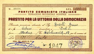 obverse: CARTAMONETA - SOTTOSCRIZIONE DI COMITATI E PARTITI POLITICI - Partiti Politici  - 100 Lire 1947 - PCI federazione modenese. SPL