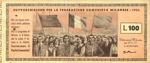 obverse: CARTAMONETA - SOTTOSCRIZIONE DI COMITATI E PARTITI POLITICI - Partiti Politici  - 100 Lire 1954 - PCI federazione milanese. BB+