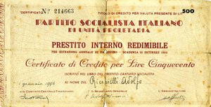 obverse: CARTAMONETA - SOTTOSCRIZIONE DI COMITATI E PARTITI POLITICI - Partiti Politici  - 500 Lire 01/01/1946 - PSI di unità proletaria  RR  Prestito interno redimibile. MB