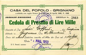 obverse: CARTAMONETA - SOTTOSCRIZIONE DI COMITATI E PARTITI POLITICI - Partiti Politici  - 1.000 Lire 01/05/1953    Cassa del Popolo di Grignano, cedola di prestito. FDS