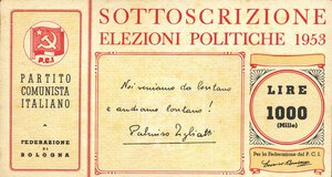 obverse: CARTAMONETA - SOTTOSCRIZIONE DI COMITATI E PARTITI POLITICI - Partiti Politici  - 1.000 Lire 1953 - PCI, federazione di Bologna    Elezioni politiche. SPL