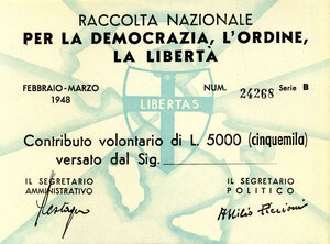 obverse: CARTAMONETA - SOTTOSCRIZIONE DI COMITATI E PARTITI POLITICI - Partiti Politici  - 5.000 Lire 1948 - DC    Raccolta nazionale. FDS