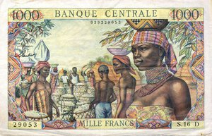 obverse: CARTAMONETA ESTERA - AFRICA EQUATORIALE FRANCESCE - Quinta Repubblica (1959) - 1.000 Franchi (1963) Pick 5    Pieghe. qBB