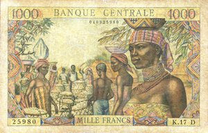 obverse: CARTAMONETA ESTERA - AFRICA EQUATORIALE FRANCESCE - Quinta Repubblica (1959) - 1.000 Franchi (1963) Pick 5. meglio di MB