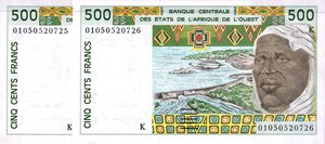 obverse: CARTAMONETA ESTERA - AFRICA OCCIDENTALE FRANCESE  - 500 Franchi (1991-92) Pick 710K   2 biglietti consecutivi. FDS