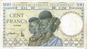 obverse: CARTAMONETA ESTERA - AFRICA OCCIDENTALE FRANCESE - Governo di Vichy (1940-1944) - 100 Franchi 10/09/1941 Pick 23 R   Lievi restauri. meglio di MB